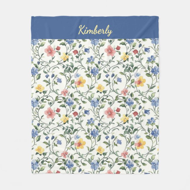 Couverture Polaire Blue Yellow Watercolor Wildflower Monogram Name (Devant)