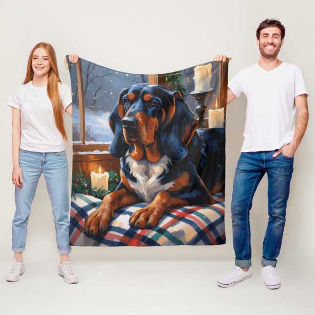 Couverture Polaire Bluetick Coonhound avec lumières de Noël vacances (En situation)
