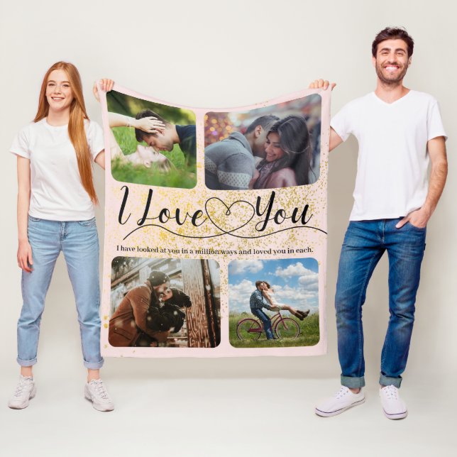 Couverture Polaire Blush Pink Gold Sparkle Love Couple Photo Collage (En situation)