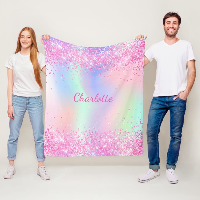 Couverture Polaire Blush rose parties scintillant nom script holograp (En situation)