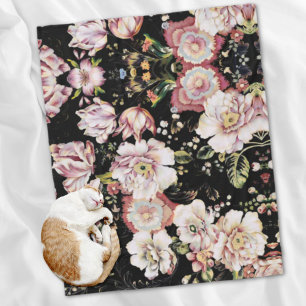Couverture Polaire bohème chic rose pâle fleurs sombres floral