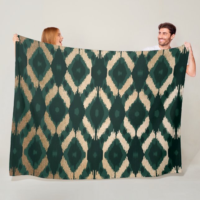 Couverture Polaire Bohême Gold Forest Green Ikat Motif (En situation)