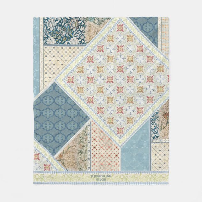 Couverture Polaire BOHO Aquarelle Florale Patchwork Motif Bleu Tan (Devant)
