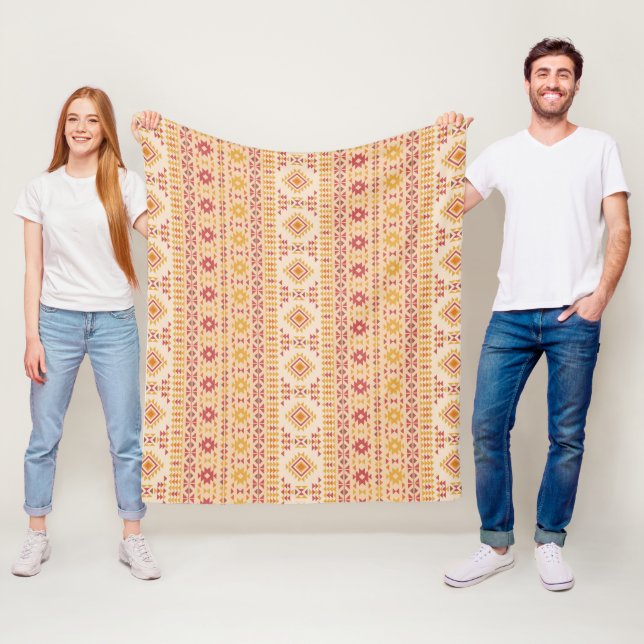 Couverture Polaire Boho Aztec Tissu Tribal en bleu rose + orange (En situation)