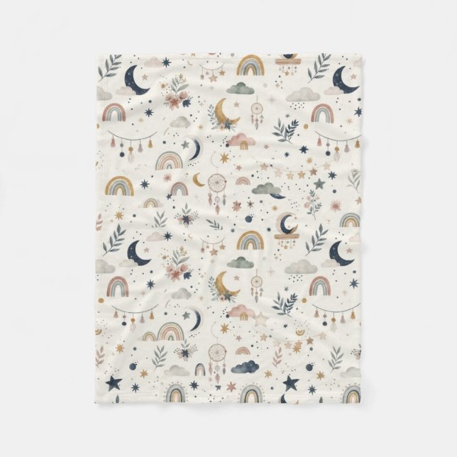 Couverture Polaire Boho Celestial  | Lune et Étoiles Neutres (Devant)