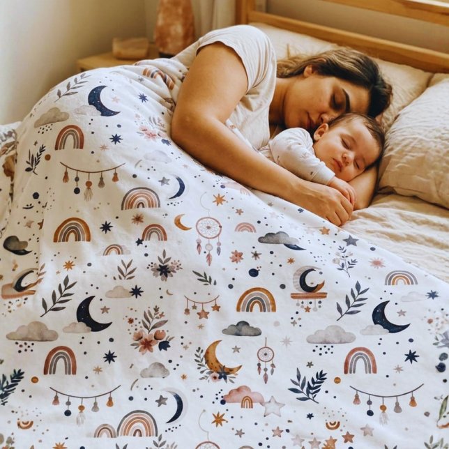 Couverture Polaire Boho Celestial  | Lune et Étoiles Neutres (Trendy boho rainbow fleece blanket. Perfect cozy neutral throw for family couch cuddle nights!)