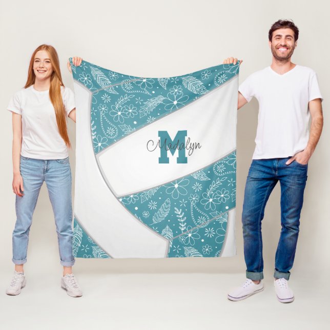 Couverture Polaire Boho doodle motif turquoise volley-ball blanc (En situation)