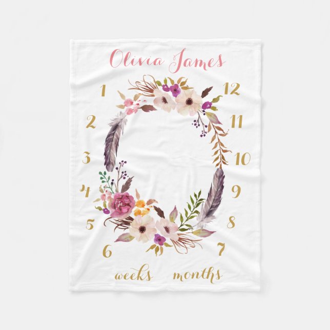 Couverture Polaire Boho Floral Baby Milestone Mensuelle Blanket bébé (Devant)