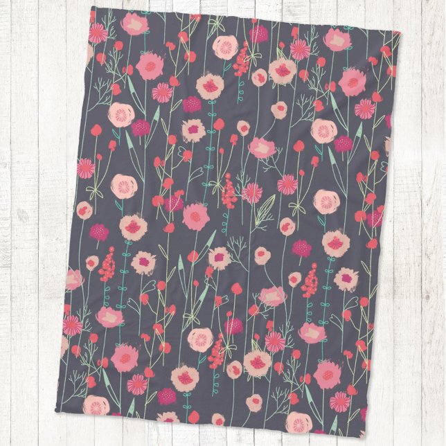 Couverture Polaire Boho floral foncé (Pink and dark floral art fleece blanket)