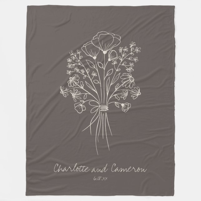 Couverture Polaire Boho Flower Line Art Drawing Personalized Brown (Devant)