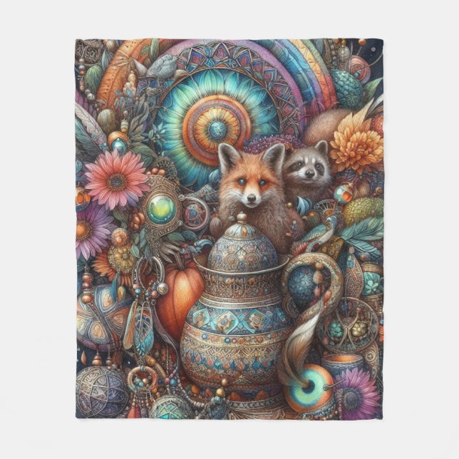 Couverture Polaire Boho Fox Raccoon Floral Design (Devant)