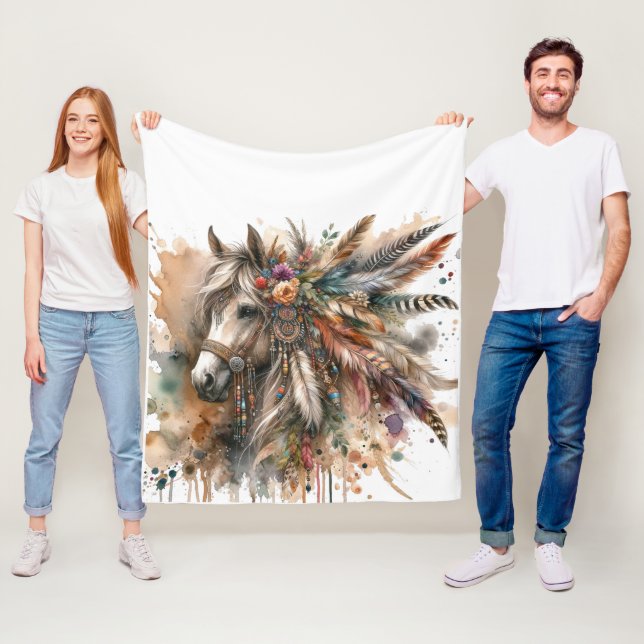 Couverture Polaire Boho Horse with feathers (En situation)