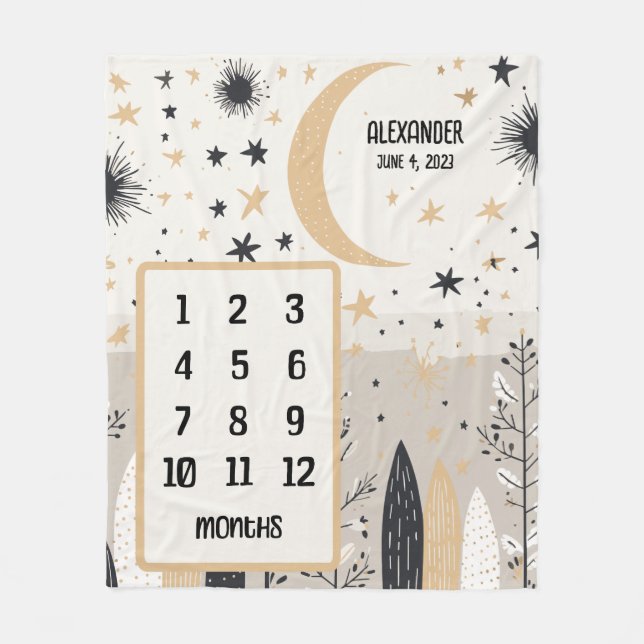 Couverture Polaire Boho Moon et étoiles Personnalisé Baby Milestone (Devant)