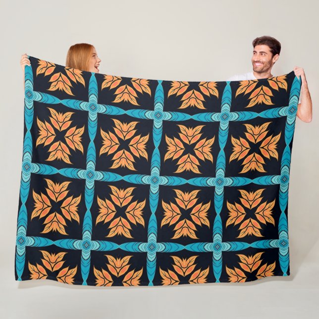 Couverture Polaire Boho orange bleu moderne (En situation)