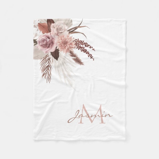 Couverture Polaire Boho Pampas Rose Grass Fleurs séchées Monogramme (Devant)