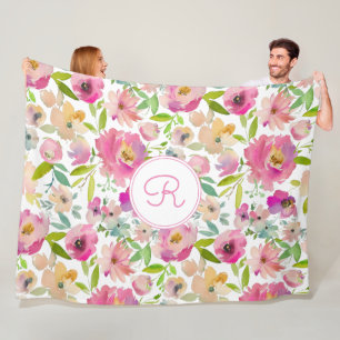 Couverture Polaire Boho Pastel Rose Vert Floral Aquarelle Botanique