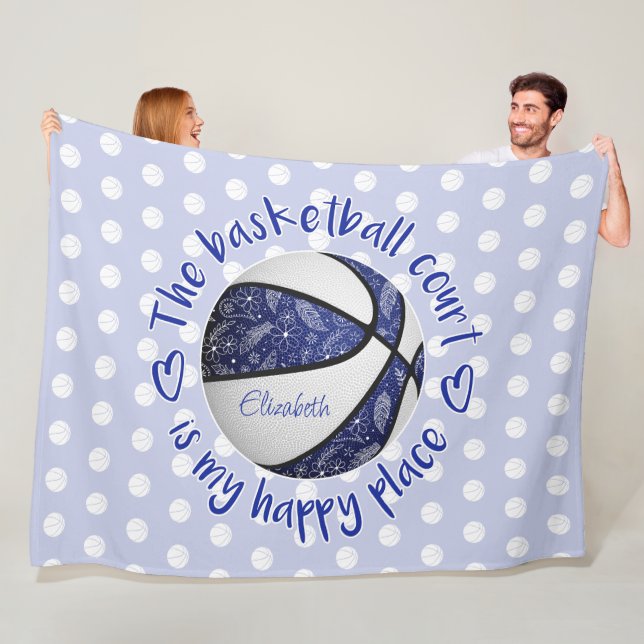 Couverture Polaire boho plumes bleu terrain de basket heureux lieu (En situation)