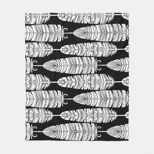 Couverture Polaire Boho plumes : motif noir et blanc (Devant)