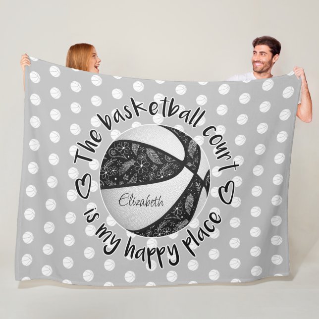 Couverture Polaire boho plumes noir terrain de basket heureux lieu (En situation)