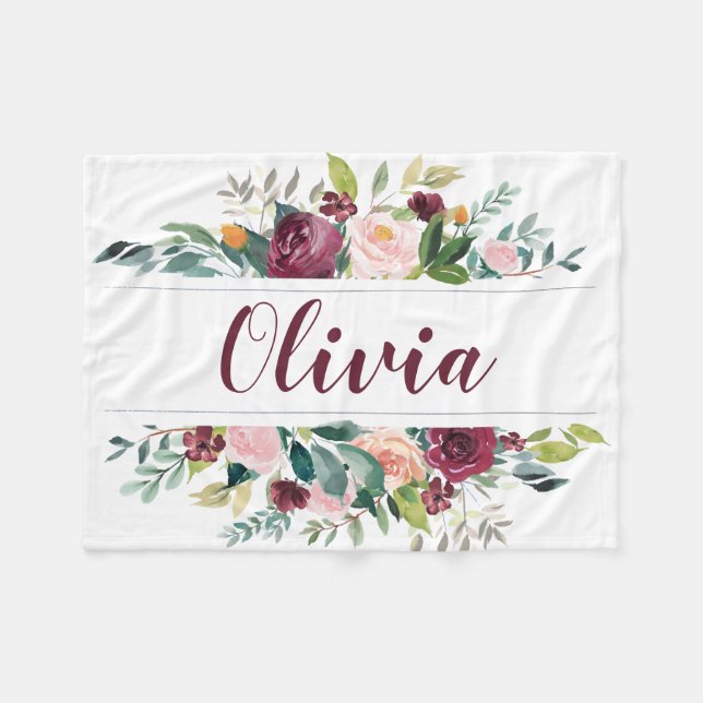 Couverture Polaire Boho rouge foncé fleurs d'aquarelle personnalisée (Devant (Horizontal))