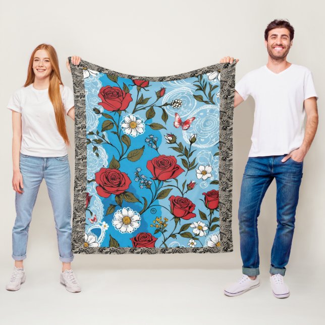 Couverture Polaire Boho Rouge Roses marguerites dentelle Papillons bl (En situation)