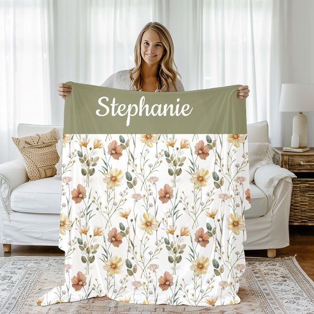Couverture Polaire Boho Sage Green Watercolor Wildflower Monogram (Créateur téléchargé)