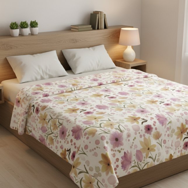 Couverture Polaire Boho Soft Pink Watercolor Wildflower  (Créateur téléchargé)