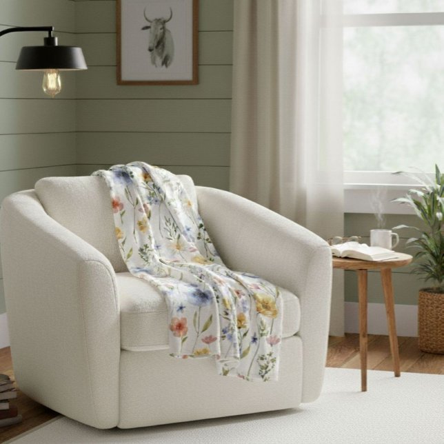 Couverture Polaire Boho Watercolor Blue Yellow Pink Wildflower (Créateur téléchargé)