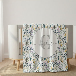 Couverture Polaire Boho Watercolor Fleurs sauvages Motif Nom du monog