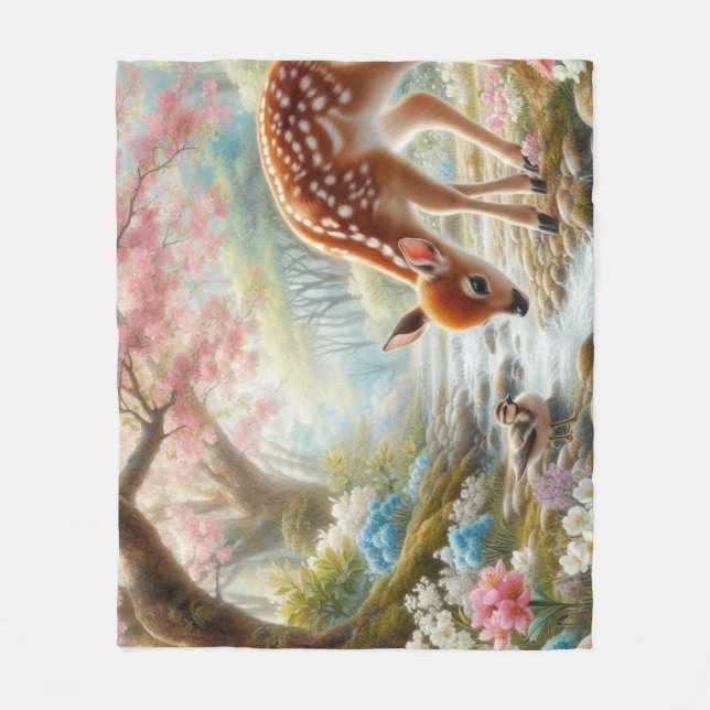 Couverture Polaire Bois de printemps avec canard et faon/cerf (Devant)