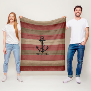 Couverture Polaire Bois rouge et Brown ⚓ Nautique Rayures et Ancre