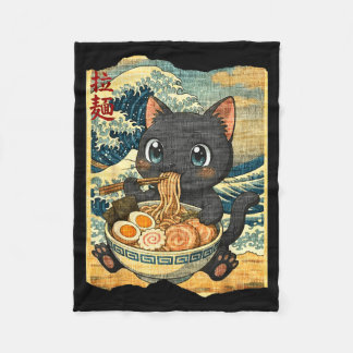 Couverture Polaire Bol japonais de ramen au nouille mignon chat noir