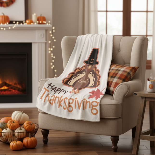 Couverture Polaire Bon thanksgiving Pèlerin mignon Turquie (Happy Thanksgiving Cute Pilgrim Turkey Fleece Blanket)