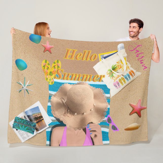 Couverture Polaire Bonjour Summer Fun Beach Sea Sand Cover Personnali (En situation)