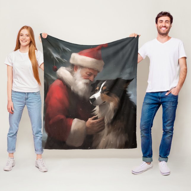 Couverture Polaire Border Collie avec le Père Noël Noël Festif (En situation)
