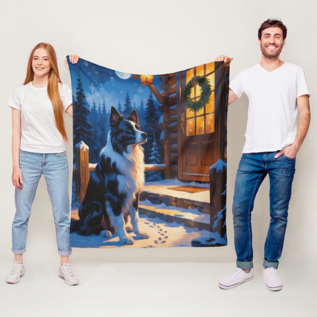 Couverture Polaire Border Collie avec lumières de Noël vacances (En situation)