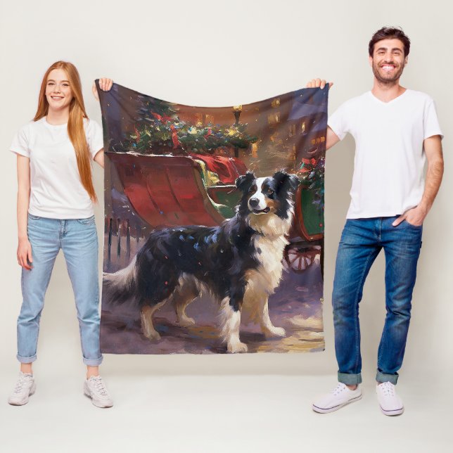 Couverture Polaire Border Collie Noël Saison Festive (En situation)