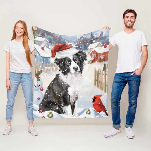 Couverture Polaire Bordure Collie Chien Hiver Merveilles Pays Noël Jo (En situation)