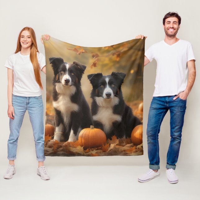 Couverture Polaire Bordure Collie Puppy Automne Citrouille de plaisir (En situation)