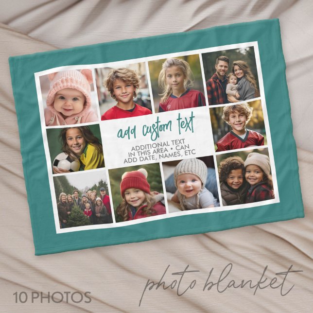 Couverture Polaire Bordure de 10 photos avec texte centré - Sarcelle  (Custom Photo Blanket with Lots of Photos)