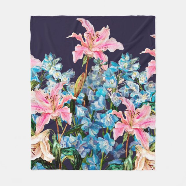 Couverture Polaire Bordure horizontale florale. Lys et delphiniums,  (Devant)
