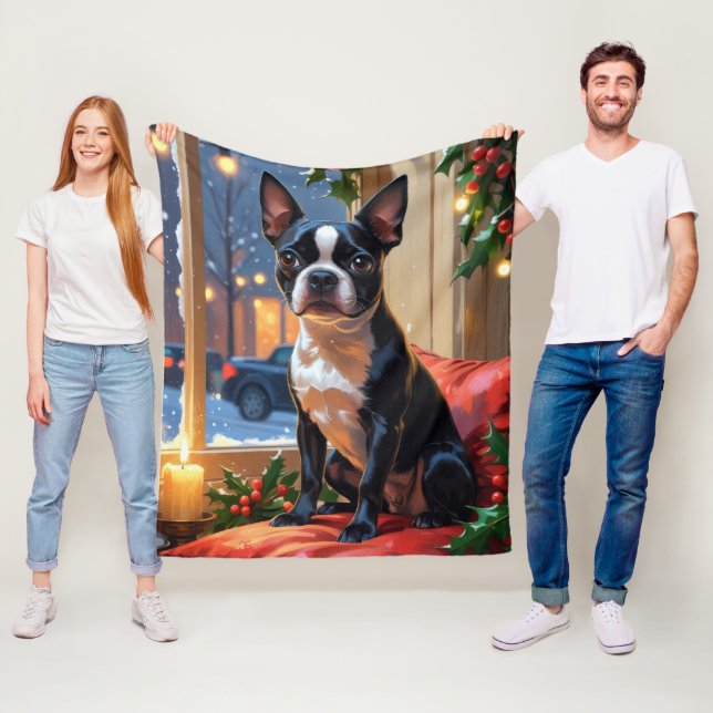 Couverture Polaire Boston Terrier avec Noël Lumières (En situation)