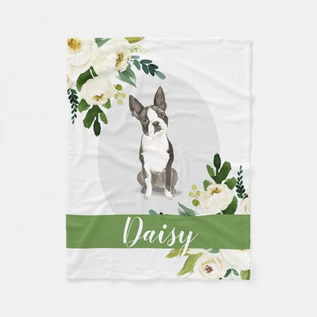 Couverture Polaire Boston Terrier Chien blanc aquarelle personnalisée (Devant)