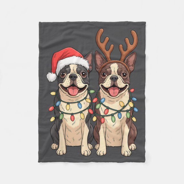 Couverture Polaire Boston Terrier Christmas Santa Hat Reindeer Lights (Devant)