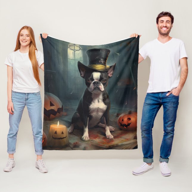 Couverture Polaire Boston Terrier Citrouille Halloween effroi (En situation)
