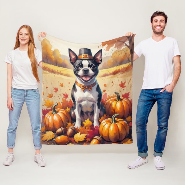 Couverture Polaire Boston Terrier En Automne Quitte L'Art Thanksgivin (En situation)