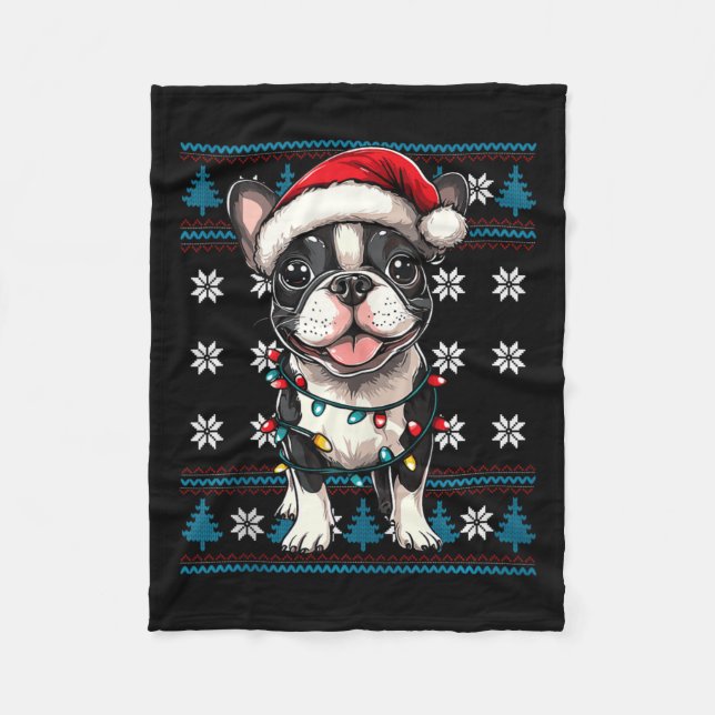 Couverture Polaire Boston Terrier Père Noël Xmas Lumières arbre Bosti (Devant)