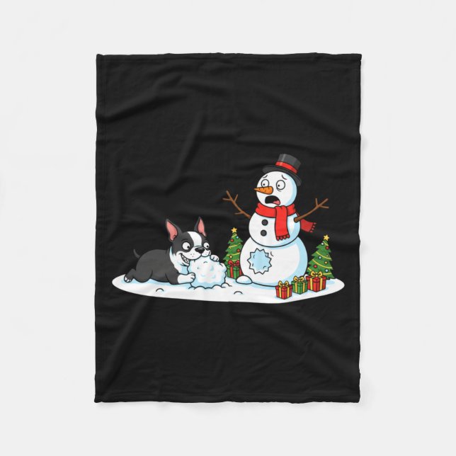Couverture Polaire Boston Terrier Snowman Christmas Tree Xmas Womens  (Devant)