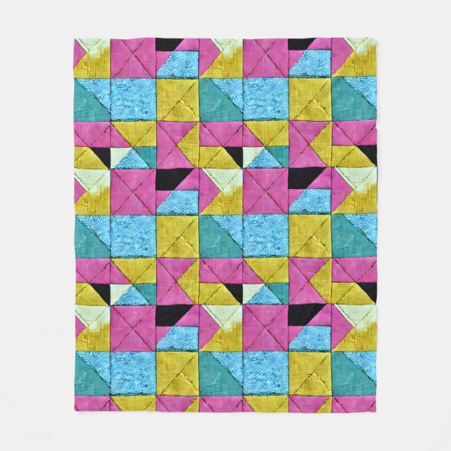 Couverture Polaire Bouho Faux Patchwork Quilt rose jaune bleu (Devant)