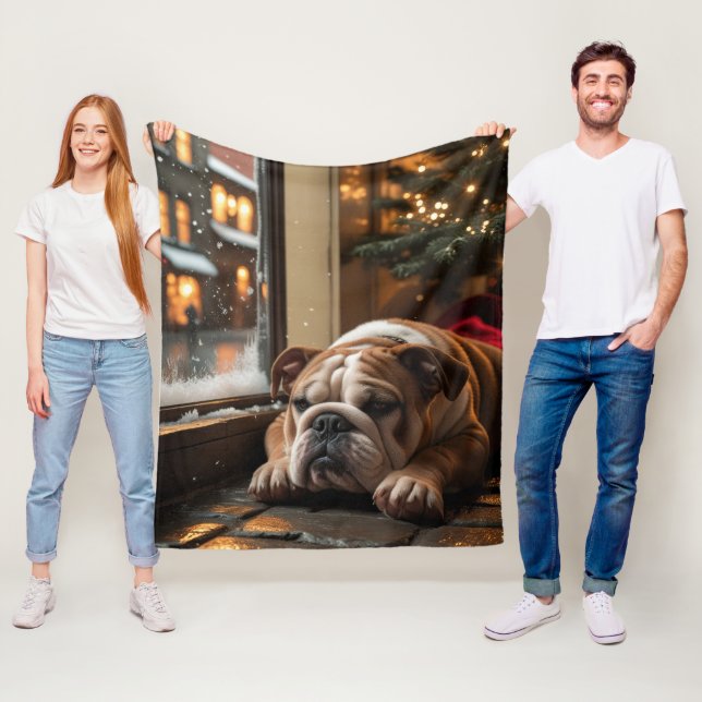 Couverture Polaire Bouledogue avec éclairages de Noël de vacances (En situation)